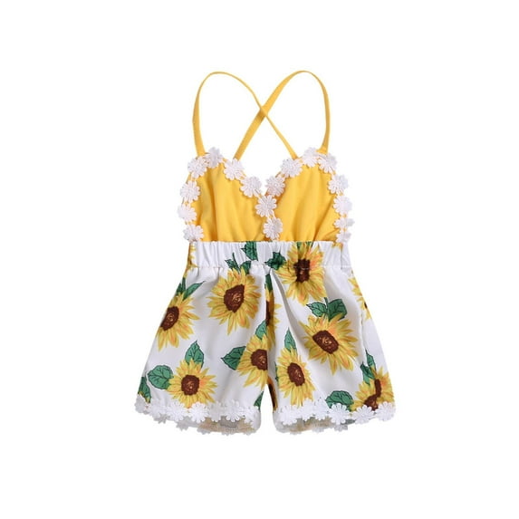 Penkiiy Summer Toddler Baby Girl Clothes Cute Fruit Flower Print Lace Trim Backless Romper Shorts Jumpsuit Rompers for Baby Girls for 12-18 Months Kids Yellow 2023 Summer Deal
