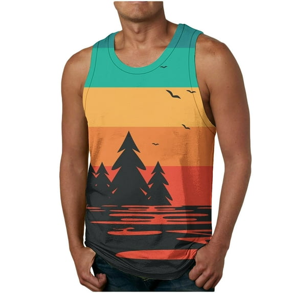 Penkiiy Sunset Print Beach Tank Tops Men Summer Casual Sleeveless T-Shirt Round Neck Sports Tee Racerback Workout Tanks 3XL Multicolor