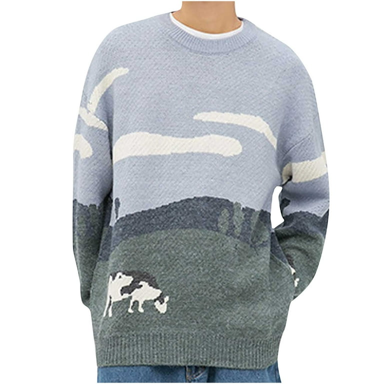 Penkiiy Sweaters for Men Men Grassland Cow Vintage Oversize Long Sleeve Round Neck Knitted Pullover Sweater Green Sweaters Walmart