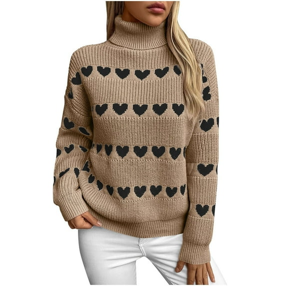 Penkiiy Sweaters for Women Casual Long Sleeve Turtleneck Knit Striped Love Prints Loose Pullover Jumpers Tops XL Brown