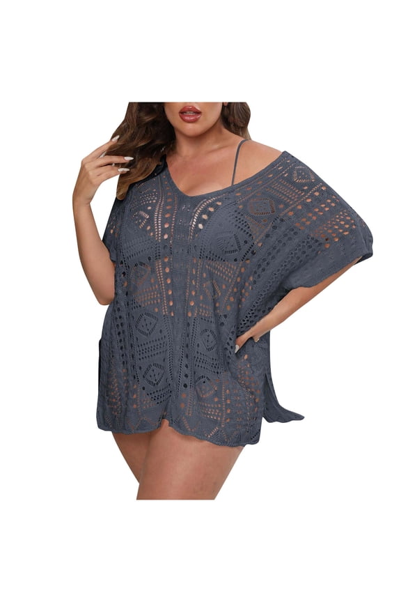 Swimsuit Cover Ups for Women, V Neck Hollow Out Swim Coverup Crochet Chiffon Summer Beach Cover Up Dress Free Size Gray