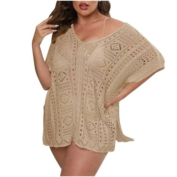 Penkiiy Swimsuit Cover Ups for Women, V Neck Hollow Out Swim Coverup Crochet Chiffon Summer Beach Cover Up Dress Free Size Khaki