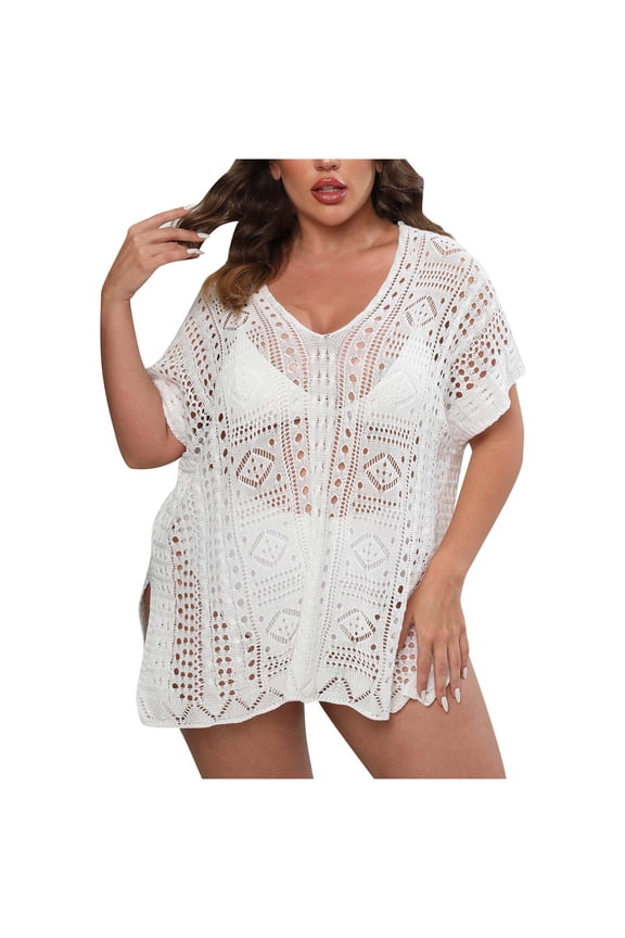 Swimsuit Cover Ups for Women, V Neck Hollow Out Swim Coverup Crochet Chiffon Summer Beach Cover Up Dress Free Size White