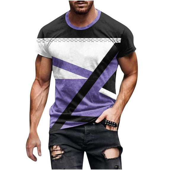 Penkiiy T Shirts for Men Casual Shorts Sleeves Round Neck Pullover 3D Digital Printing Sports Fitness Blouse Plus Size Tops 2XL Purple