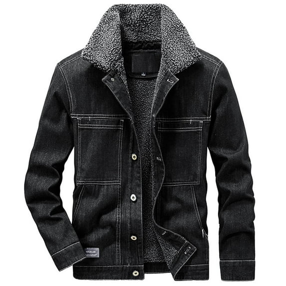 Penkiiy The New Fashion Casual And Thick Denim Cotton Jacket Denim Jacket Overalls Jacket Casual Men's Wear Fleece Jacket Polyester Black on Sale