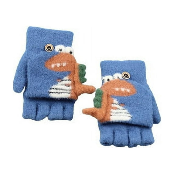 Penkiiy Toddle Mittens Children's Winter Flip Gloves Dinosaur Cute Baby Knitted Half Finger Gloves Blue Mittens