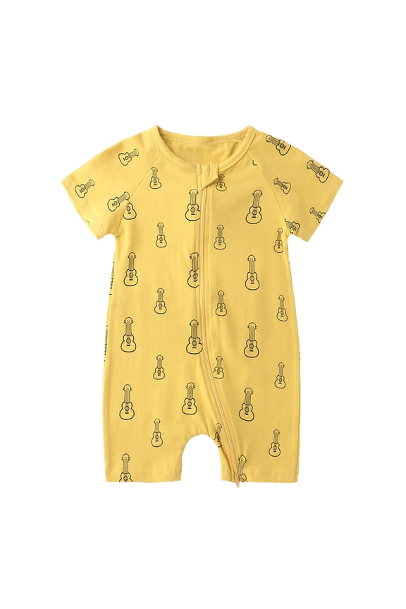 Toddler Baby Boys Girls Cute Cartoon Pattern Short Sleeve Double Zipper Romper Jumpsuit Cotton One-piece Romper 2-3 Years Yellow on Clearance