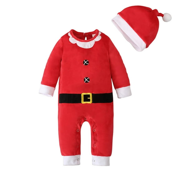 Penkiiy Toddler Baby Children's Spring, And Winter Models Santa Claus Long-sleeved Romper + Hat Two-piece Suit 12-18 Months Red