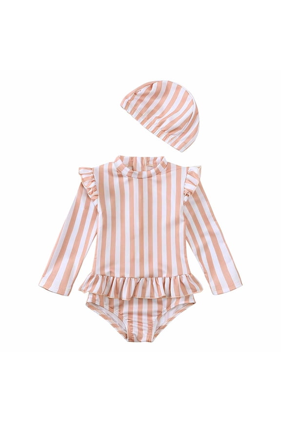 Toddler Baby Girl One Piece Swimsuits Long Sleeve Rash Guard Zipper Back Bathing Suit Sun Protection with Headband 12-24 Months Pink
