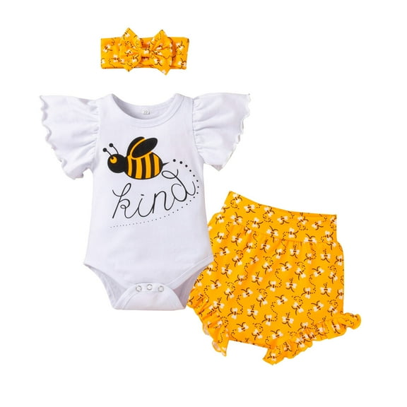 Penkiiy Toddler Baby Girl Ruffle Bee Print Clothes Cute Bow Comfortable Three-piece Suit Fashion Girls Skirt 3-6 Months Yellow 2023 Summer Deal
