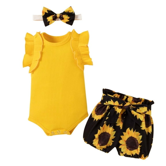 Penkiiy Toddler Baby Girls Lace Sleeve Top Sunflower Shorts Headdress Clothes Suit Tutu Dresses for Toddler Girls 18-24 Months Yellow On Clearance
