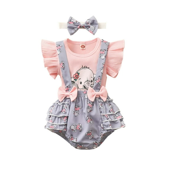 Penkiiy Toddler Baby Girls Ribbed Sleeveless Top Cartoon Print Dress Headwear Clothes Suit Fashion Girls Skirt 3-6 Months Purple 2023 Summer Deal