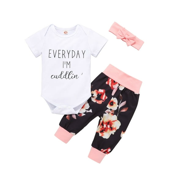 Penkiiy Toddler Baby Girls Short Sleeve Letter T shirt Tops+Floral Pants+Headband Set Fashion Girls Skirt 12-18 Months White 2023 Summer Deal