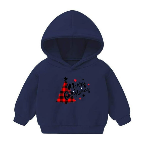 Penkiiy Toddler Baby Hoodie Christmas Print Pullover Hooded Sweatshirt Kids Boy Girl Padded Sports Long Sleeve Tops Fall Winter Outfit Navy for 5 Years