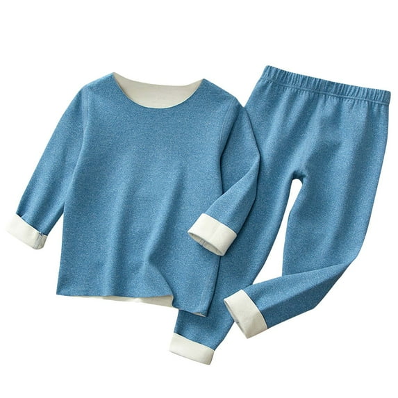 Penkiiy Toddler Baby Kids Winter Boys Girls Solid Color Long Sleeved Thickening Home Wear Clothes Suit 9-10 Years Blue