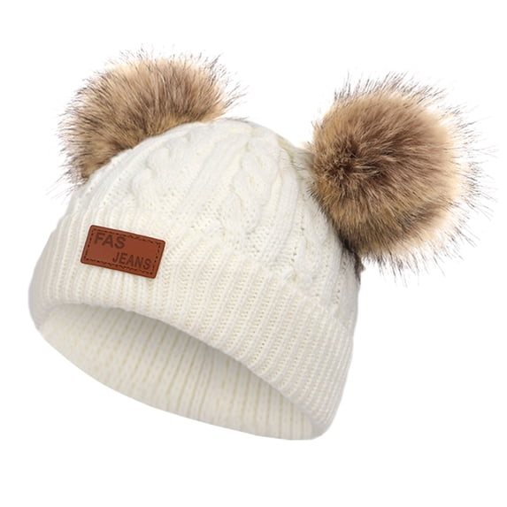 Penkiiy Toddler Beanie Woolen Hat Pure Color Winter Twist Double Pom Pom Boys Girls Cap for 1-11 Years Old White
