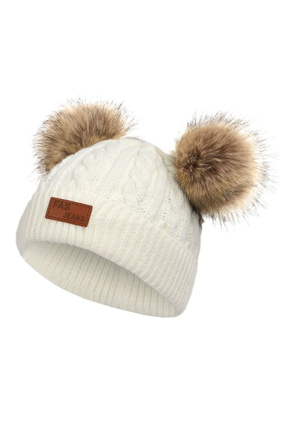 Toddler Beanie Woolen Hat Pure Color Winter Twist Double Pom Pom Boys Girls Cap for 1-11 Years Old White