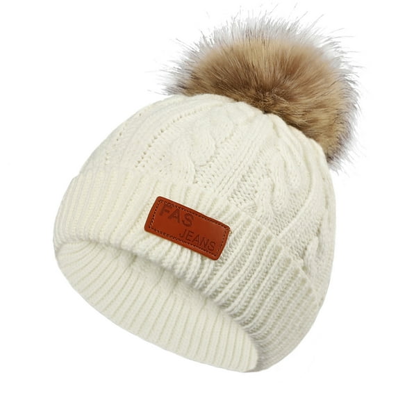 Penkiiy Toddler Beanie Woolen Hat Pure Color Winter Twist Pom Pom Boys Girls Cap for 1-11 Years Old White