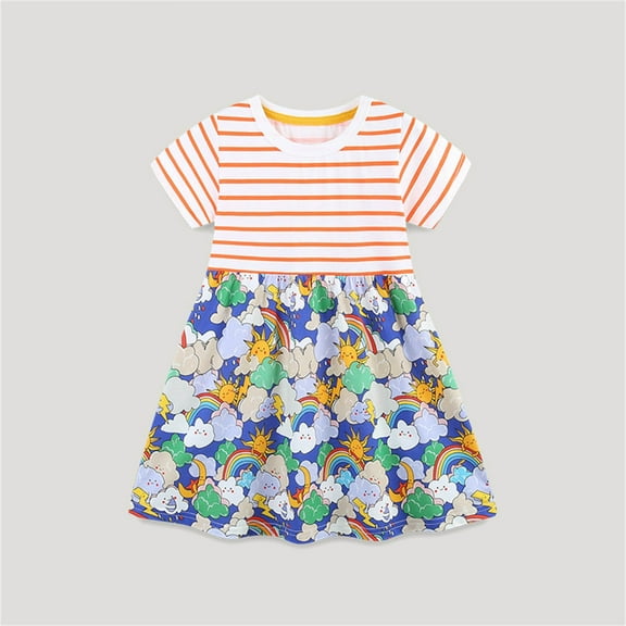 Penkiiy Toddler Girl Casual Short Sleeve Dress Summer Active Playwear Basic Cartoon Appliques Printing Jersey Dresses 7 Years Orange