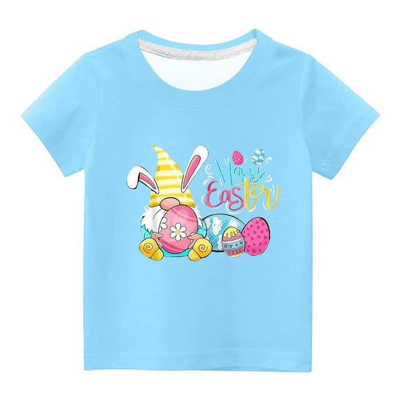 Penkiiy Toddler Girl Happy Easter Day Shirt Bunny Rabbit Hip Hop Outfit Egg Hunt Tshirt Short Sleeve Clothes Kid Tee Top 3 Years Sky Blue