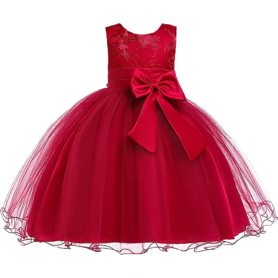 Penkiiy Toddler Girls Net Yarn Embroidery Bowknot Birthday Party Gown Kids Cute Dresses Dresses for Toddler Girls 2-3 Years Red 2023 Summer Deal