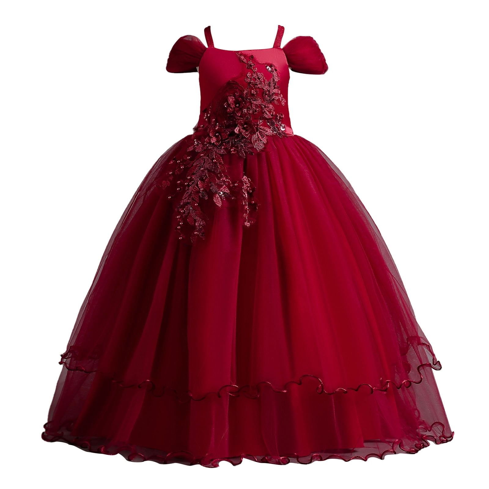 Penkiiy Toddler Girls Net Yarn Embroidery Flowers Mesh Bowknot Birthday Party Gown Long Dresses Girls Dresses 7 8Years Red On Sale Toddler Girl s