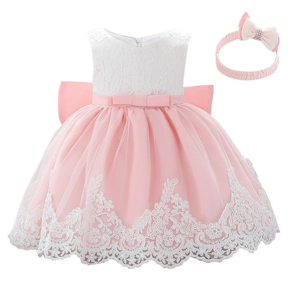 Penkiiy Toddler Girls Net Yarn Embroidery Rhinestone Bowknot Birthday Party Gown Long Dresses Headband Suit Princess Dresses for Girls Birthday 18Months Pink On Clearance
