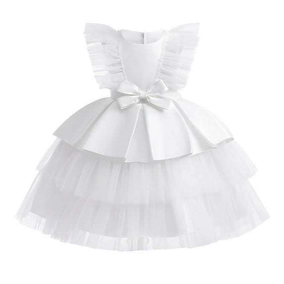 Penkiiy Toddler Girls Net Yarn Mesh Bow Ruffles Birthday Party Gown Long Dresses 3-4 Years White