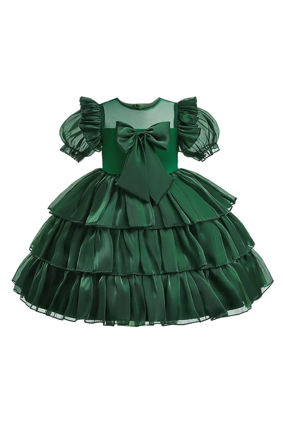 Toddler Girls Net Yarn Mesh Bow Ruffles Birthday Party Gown Long Dresses 9-10 Years Green