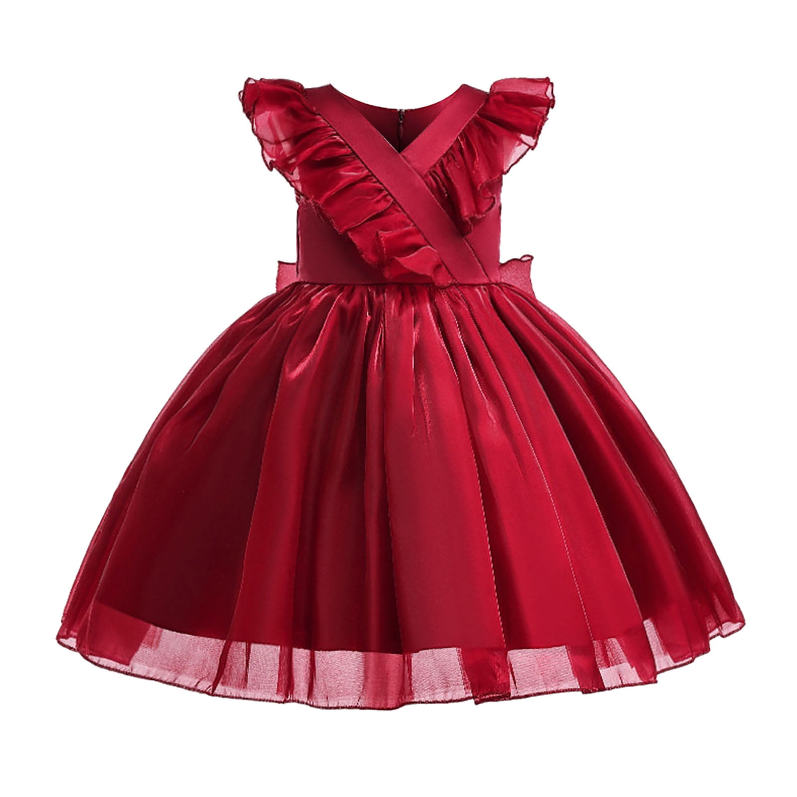 Baby Girl Red Net Tulle Gown - Lace Bodice Gold Belt Party Dress for Kids (1 - 10 Yrs) WGF086