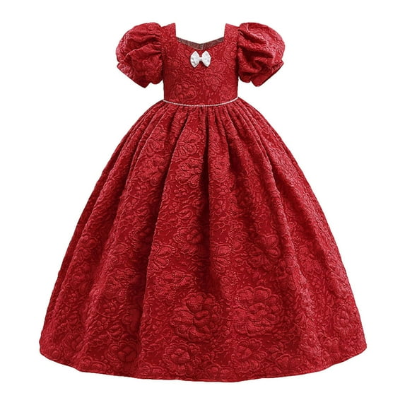 Penkiiy Toddler Girls Puff Sleeve Flower Bow Ruffles Birthday Party Gown Long Dresses 8-9 Years Red