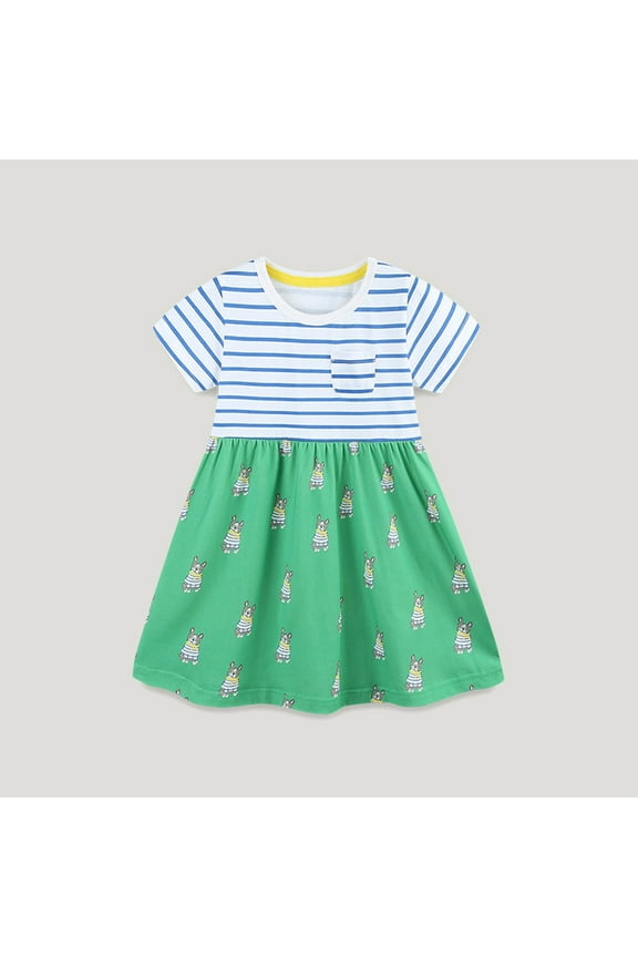 Toddler Girls Short Sleeve Casual Dress Summer Spring Cartoon Appliques Playwear Basic Shirt Jersey Dresses 6 Years Green