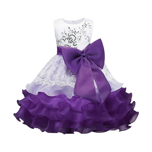 Penkiiy Toddler Girls Solid Color Net Yarn Hollow Out Lace Sequins Bowknot Birthday Party Flowers Gown Kids Dresses Toddler Girls Clothes 6 Years Purple 2023 Summer Deal