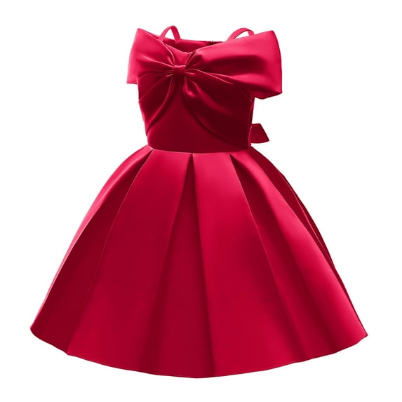 Penkiiy Toddler Girls Solid Color Temperament Bowknot Off Shoulder Pleated Skirt Birthday Party Gown Long Dresses Dresses for Toddler Girls 6-7 Years Red On Clearance