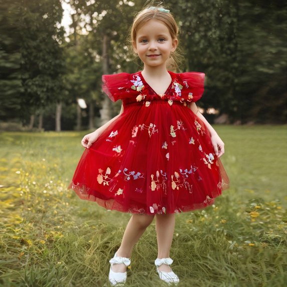 Penkiiy Toddler Girls' Summer Flutter Sleeve Dress | Rainbow Butterfly Embroidery | Breathable Tulle, Playtime & Party Outfit