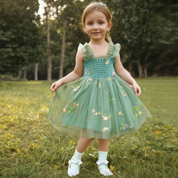 Penkiiy Toddler Girls' Summer Flutter Sleeve Dress | Rainbow Butterfly Embroidery | Breathable Tulle, Playtime & Party Outfit