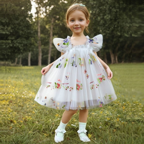 Penkiiy Toddler Girls' Summer Flutter Sleeve Dress | Rainbow Butterfly Embroidery | Breathable Tulle, Playtime & Party Outfit