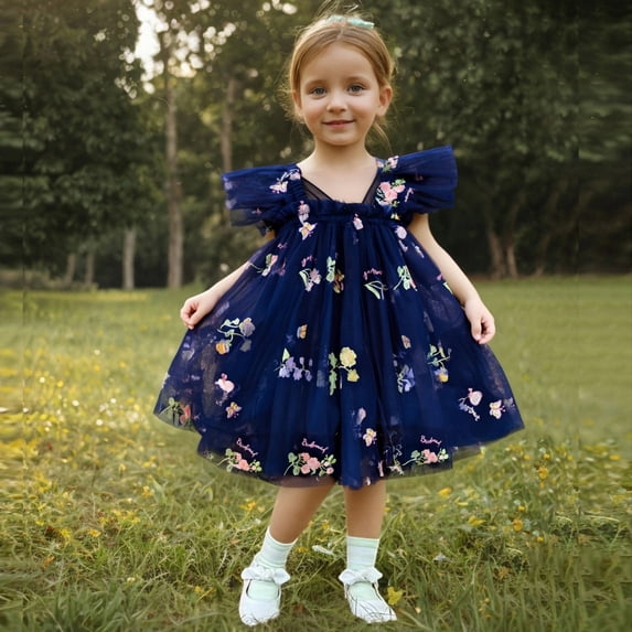 Penkiiy Toddler Girls' Summer Flutter Sleeve Dress | Rainbow Butterfly Embroidery | Breathable Tulle, Playtime & Party Outfit