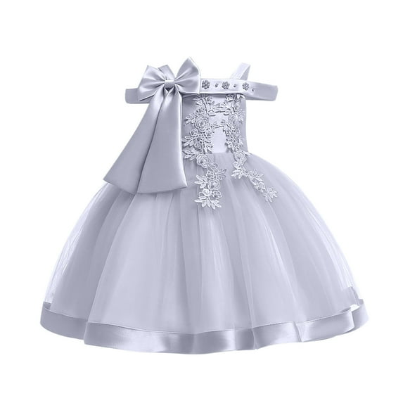 Penkiiy Toddler Girls Temperament Minimalistic Bowknot Embroidered Flower Net Yarn Birthday Party Gown Dresses Dresses for Toddler Girls 5-6 Years Gray On Sale