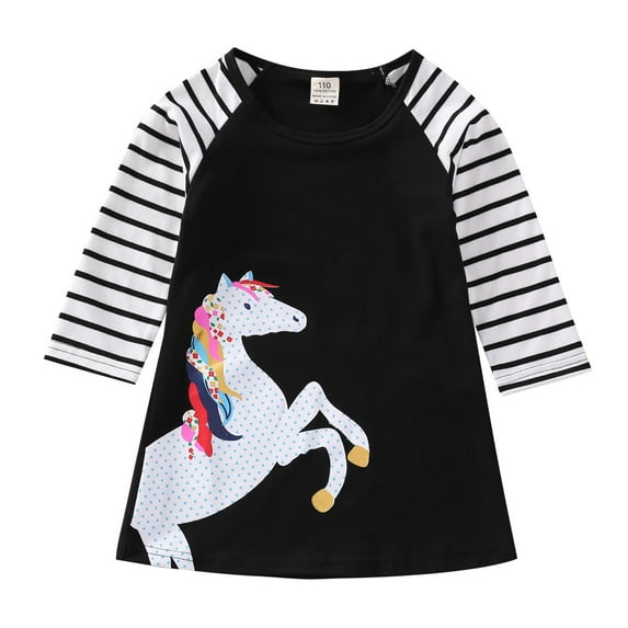 Penkiiy Toddler Kids Baby Girls Long Sleeve Horse Stripe Princess Party Dress Easter Dresses for Toddler Girls 3-4 Years Black 2023 Summer Deal