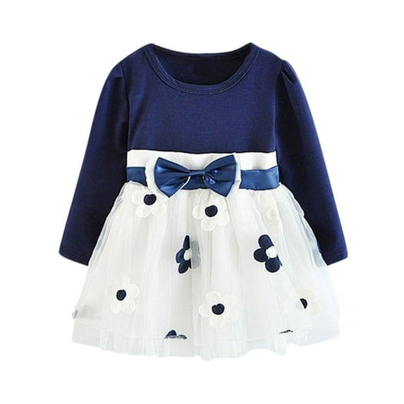 Penkiiy Toddler Kids Baby Girls Long Sleeve Tulle Patchwork Flower Bow Dresses Clothes Dresses for Toddler Girls 2-3 Years Blue 2023 Summer Deal