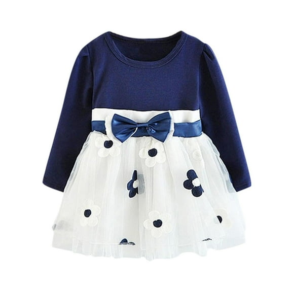 Penkiiy Toddler Kids Baby Girls Long Sleeve Tulle Patchwork Flower Bow Dresses Clothes Easter Dresses for Toddler Girls 4-5 Years Blue On Sale