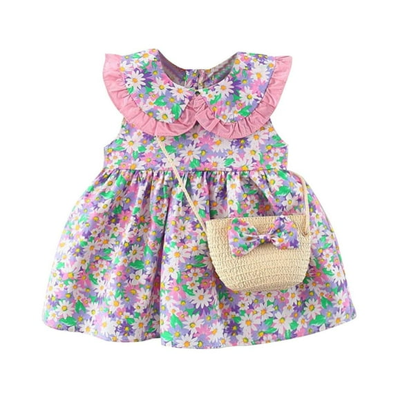 Penkiiy Toddler Kids Baby Girls Summer Floral Print Dress+Bag Two-piece Suit Princess Dress Tutu Dresses for Toddler Girls 4 Years Purple On Sale