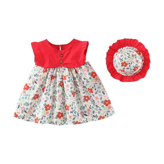 Penkiiy Toddler Kids Baby Girls Summer Floral Print Dress+Hat Two-piece Suit Princess Dress Easter Dresses for Toddler Girls 5 Years Red On Clearance