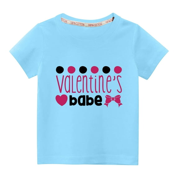 Penkiiy Toddler Kids Boys Girls Fashion Cute Solid Color Round Neck Valentine's Day Heart Print Short Sleeve Top 4-5 Years Blue