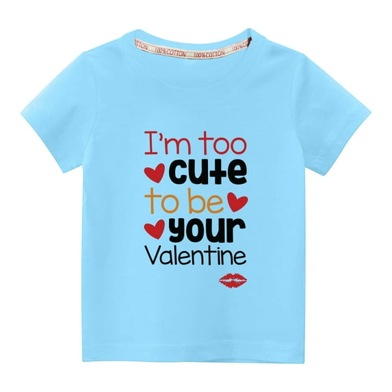 Penkiiy Toddler Kids Boys Girls Fashion Cute Solid Color Round Neck Valentine's Day Heart Print Short Sleeve Top 9-10 Years Blue
