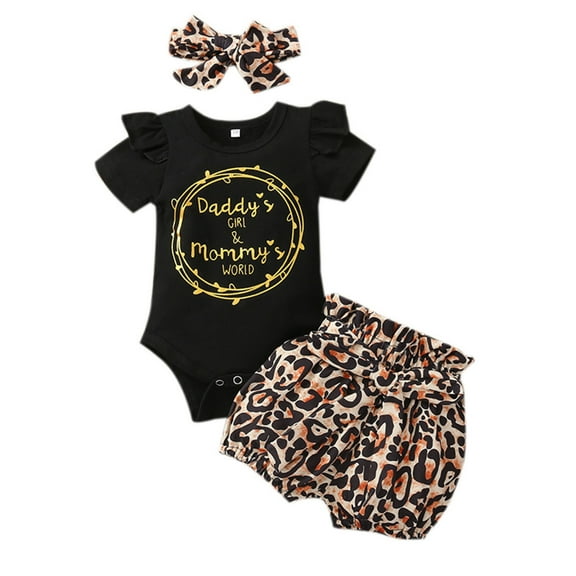 Penkiiy Toddler Kids Girl Summer Mother's Day Letter Leopard Printed Outfit Headband Set kids Baby Easter Romper 0-3 Months Black 2023 Summer Deal