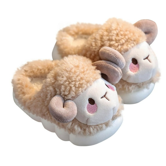 Penkiiy Toddler Slippers Girls Boys Sheep Slippers, Cute Soft Plush Anti-Slip House Kids Girls Slippers Sheep Warm Winter Slippers for Indoor Outdoor 2 Years Khaki