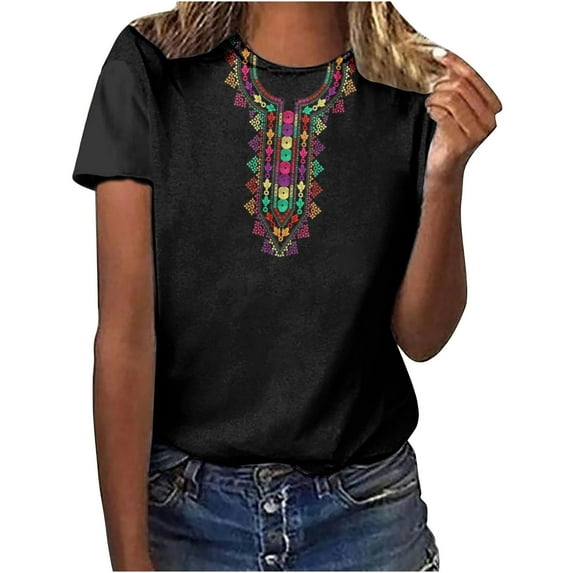 Penkiiy Traditional Mexican Embroidered Peasant Tops for Women, Short Sleeve Crew Neck Shirt Spring Fall Clothing Apparel,Vintage Floral Tunic Shirts, Flowers Embroidery Blouses S Black