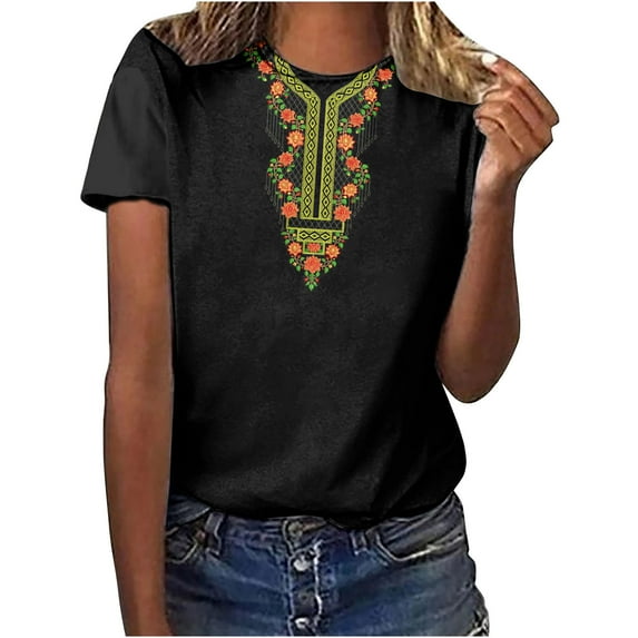 Penkiiy Traditional Mexican Embroidered Peasant Tops for Women, Short Sleeve Crew Neck Shirt Spring Fall Clothing Apparel,Vintage Floral Tunic Shirts, Flowers Embroidery Blouses L Black